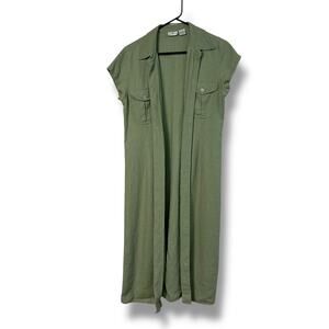 Utility Olive Green Linen Shirt Dress 14 Button Front Summer Midi